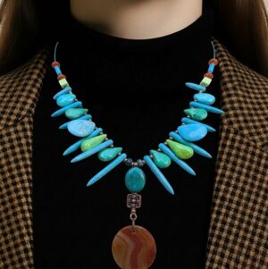 Stunning Handmade Turquoise, Green Agate Stone Fringe Necklace